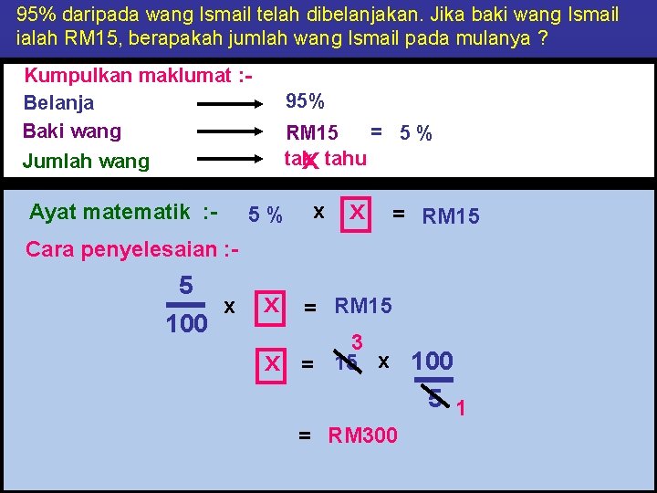 95% daripada wang Ismail telah dibelanjakan. Jika baki wang Ismail ialah RM 15, berapakah