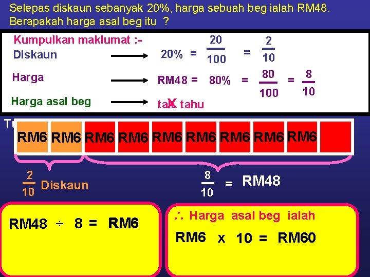 Selepas diskaun sebanyak 20%, harga sebuah beg ialah RM 48. Berapakah harga asal beg