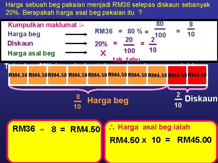 Harga sebuah beg pakaian menjadi RM 36 selepas diskaun sebanyak 20%. Berapakah harga asal