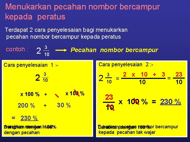 Menukarkan pecahan nombor bercampur kepada peratus Terdapat 2 cara penyelesaian bagi menukarkan pecahan nombor