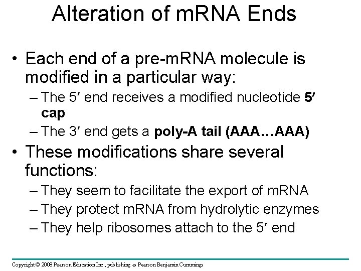 Alteration of m. RNA Ends • Each end of a pre-m. RNA molecule is
