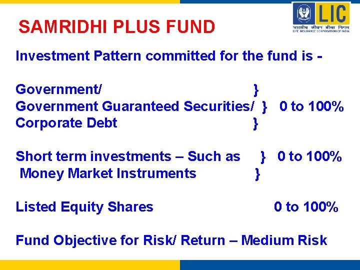 SAMRIDHI PLUS FUND Investment Pattern committed for the fund is Government/ } Government Guaranteed