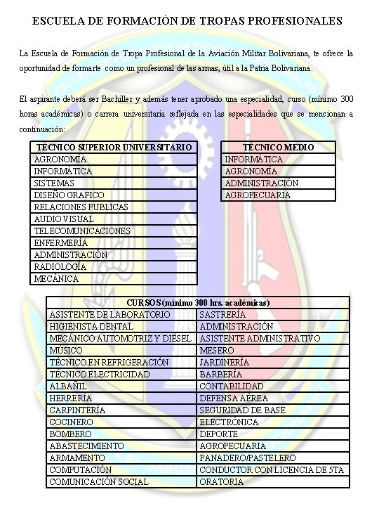 ESCUELA DE FORMACIÓN DE TROPAS PROFESIONALES La Escuela de Formación de Tropa Profesional de