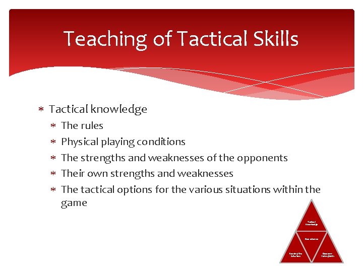 Teaching of Tactical Skills Tactical knowledge The rules Physical playing conditions The strengths and