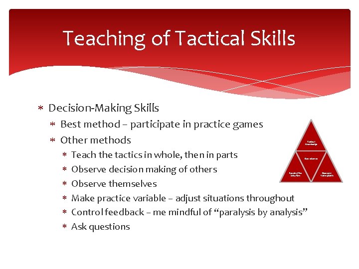 Teaching of Tactical Skills Decision-Making Skills Best method – participate in practice games Other