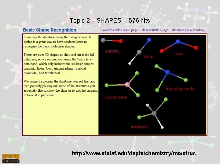 Topic 2 – SHAPES -- 576 hits http: //www. stolaf. edu/depts/chemistry/mo/struc 