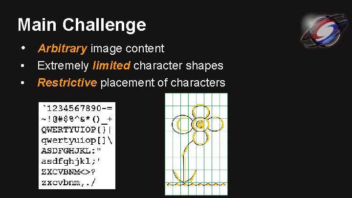 Main Challenge • Arbitrary image content • • Extremely limited character shapes Restrictive placement