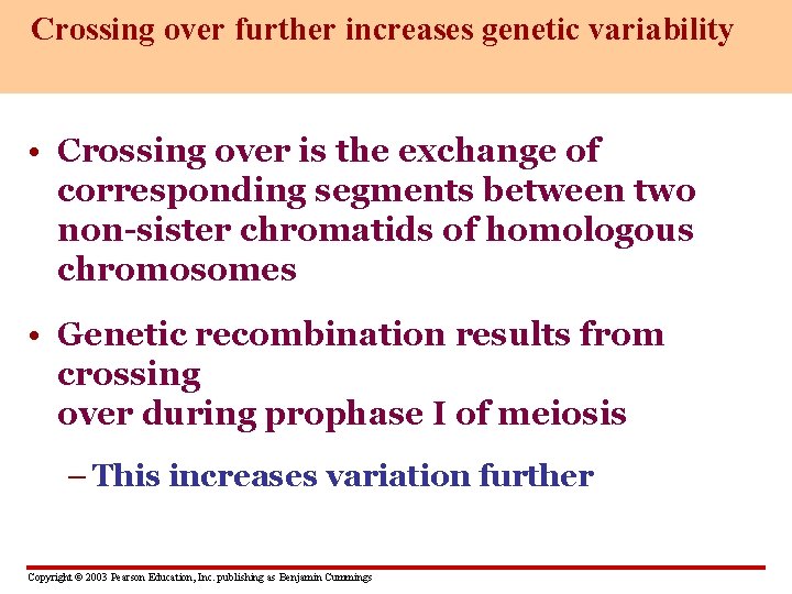 Crossing over further increases genetic variability • Crossing over is the exchange of corresponding