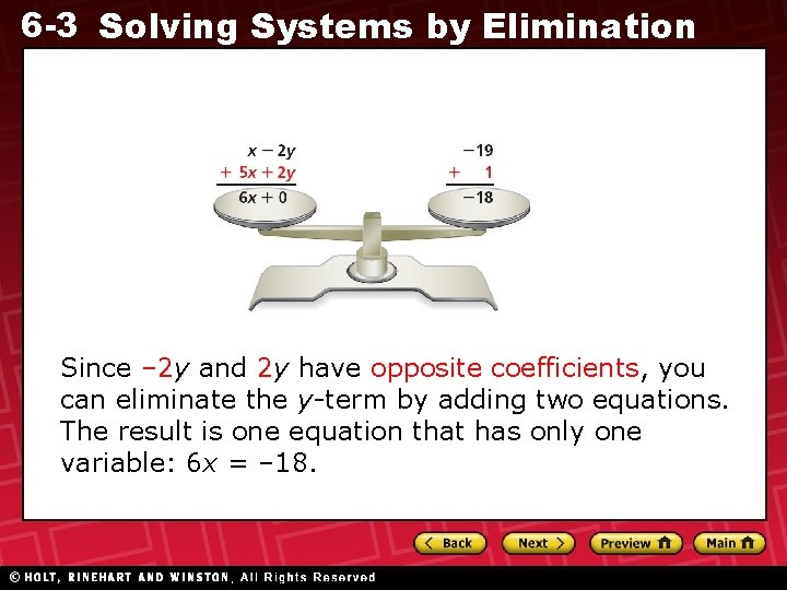 6 -3 Solving Systems by Elimination Since – 2 y and 2 y have