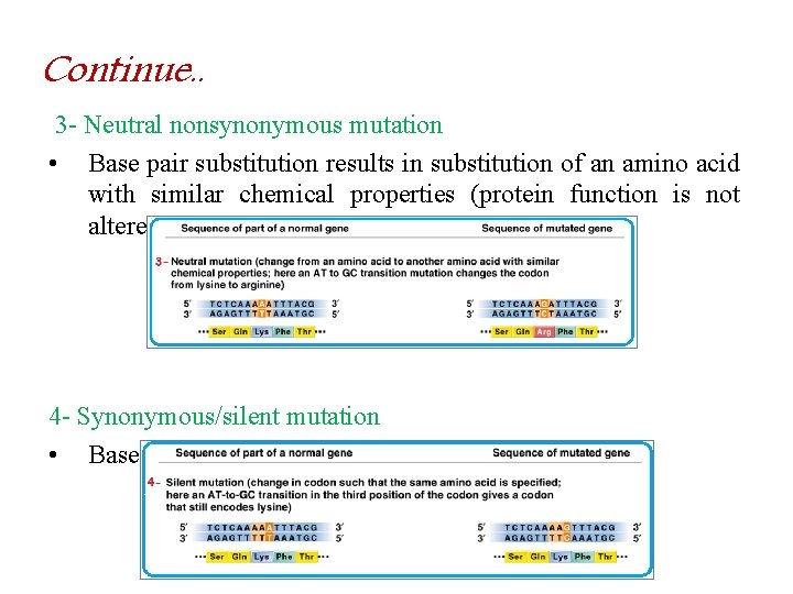 Continue. . 3 - Neutral nonsynonymous mutation • Base pair substitution results in substitution