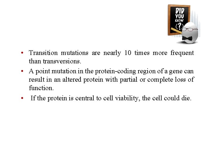  • Transition mutations are nearly 10 times more frequent than transversions. • A
