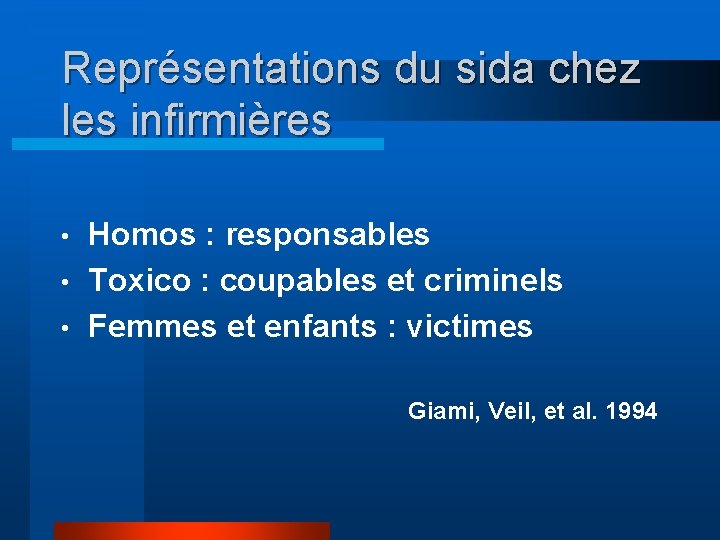 Représentations du sida chez les infirmières Homos : responsables • Toxico : coupables et