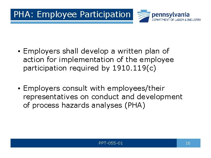 PHA: Employee Participation • Employers shall develop a written plan of action for implementation