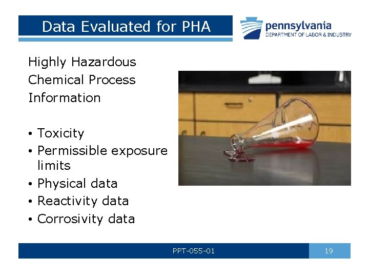 Data Evaluated for PHA Highly Hazardous Chemical Process Information • Toxicity • Permissible exposure