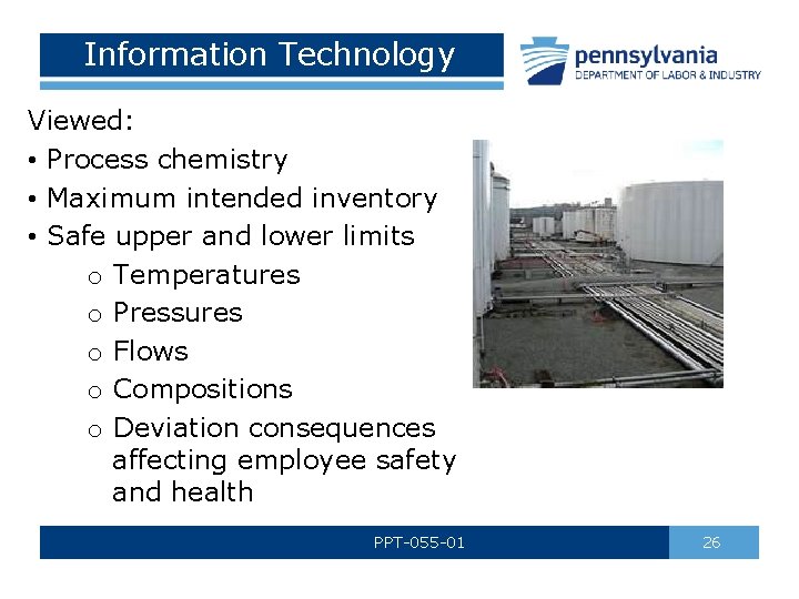 Information Technology Viewed: • Process chemistry • Maximum intended inventory • Safe upper and