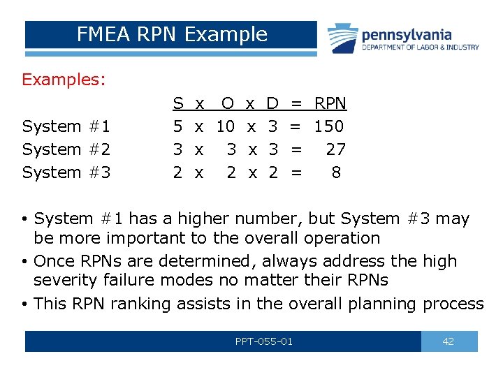 FMEA RPN Examples: System #1 System #2 System #3 S x O x D