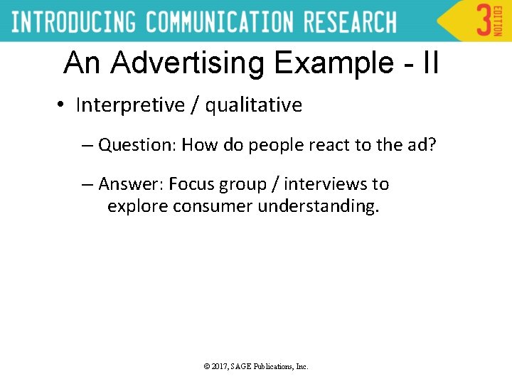 An Advertising Example - II • Interpretive / qualitative – Question: How do people