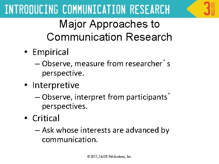 Major Approaches to Communication Research • Empirical – Observe, measure from researcher’s perspective. •