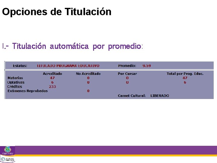 Opciones de Titulación I. - Titulación automática por promedio: 