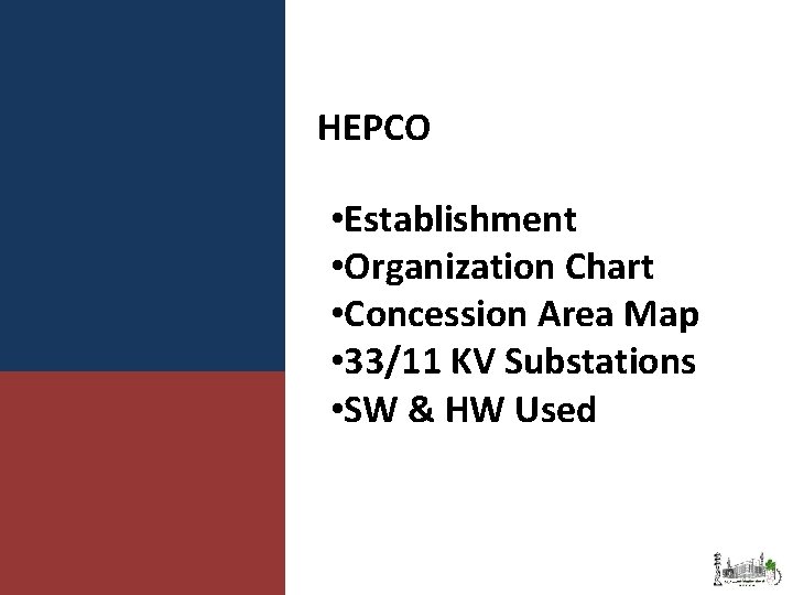 HEPCO • Establishment • Organization Chart • Concession Area Map • 33/11 KV Substations