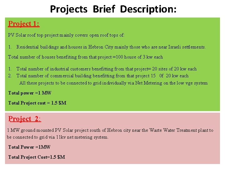 Projects Brief Description: Project 1: PV Solar roof top project mainly covers open roof