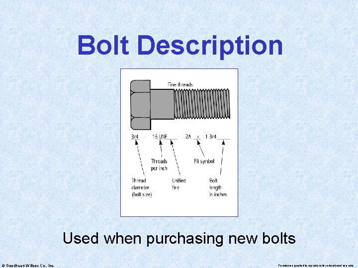 Bolt Description Used when purchasing new bolts © Goodheart-Willcox Co. , Inc. Permission granted