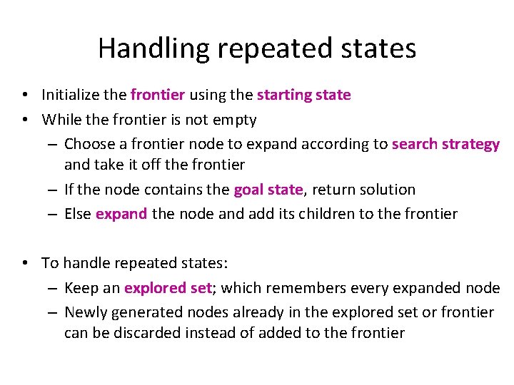 Handling repeated states • Initialize the frontier using the starting state • While the