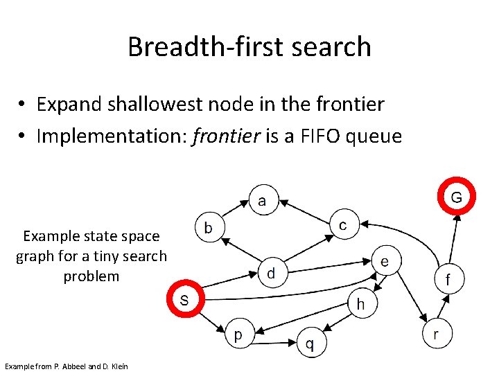 Breadth-first search • Expand shallowest node in the frontier • Implementation: frontier is a