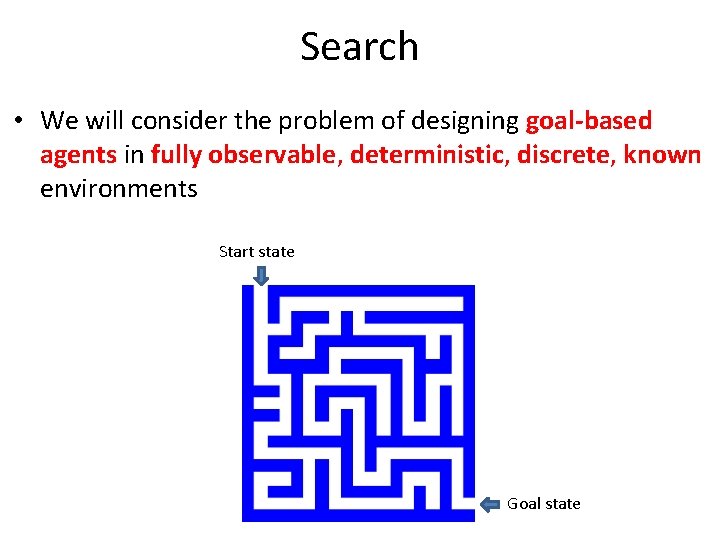 Search • We will consider the problem of designing goal-based agents in fully observable,