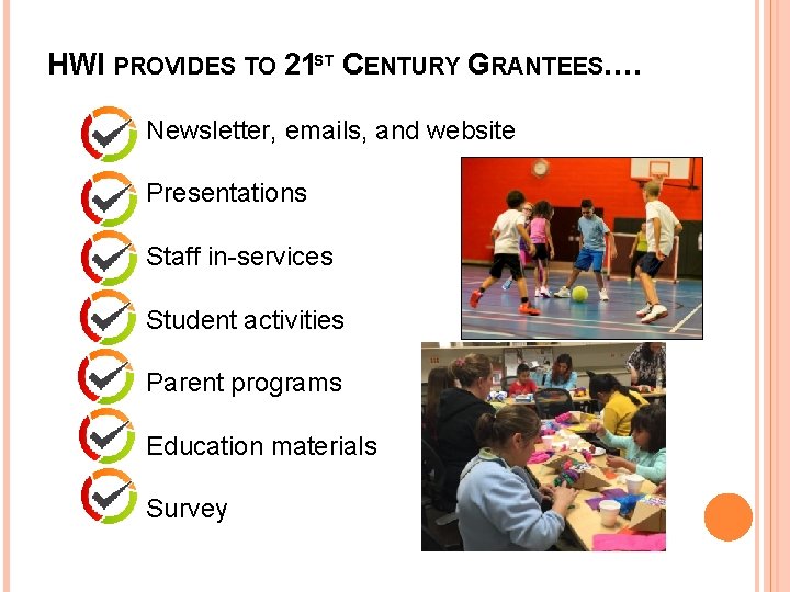 HWI PROVIDES TO 21 ST CENTURY GRANTEES…. Newsletter, emails, and website Presentations Staff in-services
