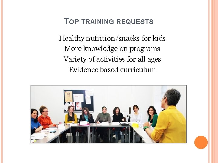 TOP TRAINING REQUESTS Healthy nutrition/snacks for kids More knowledge on programs Variety of activities