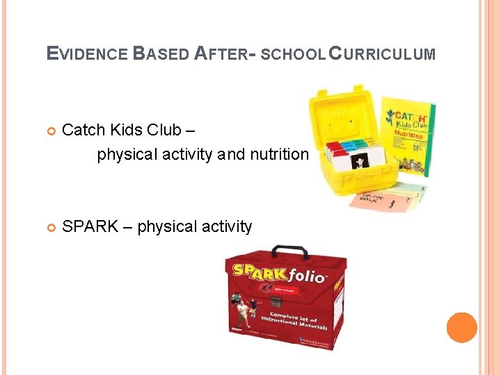 EVIDENCE BASED AFTER- SCHOOL CURRICULUM Catch Kids Club – physical activity and nutrition SPARK