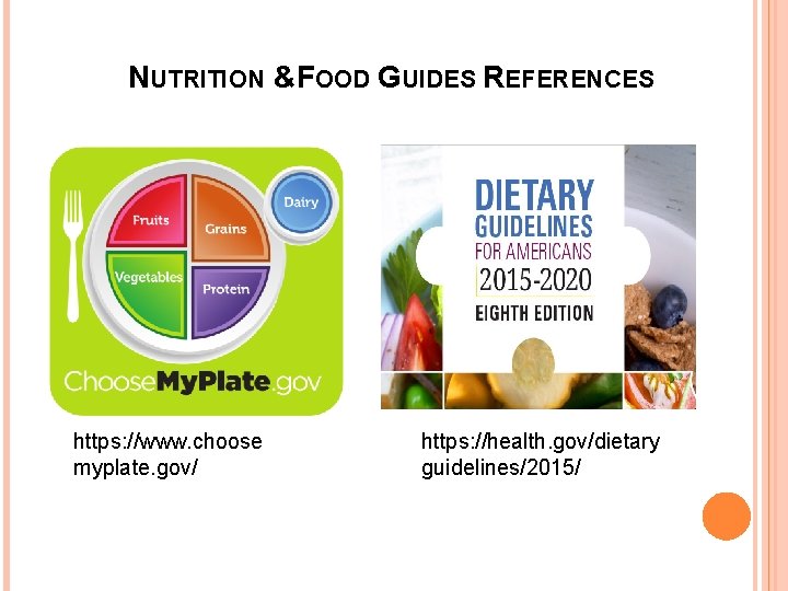 NUTRITION &FOOD GUIDES REFERENCES https: //www. choose myplate. gov/ https: //health. gov/dietary guidelines/2015/ 