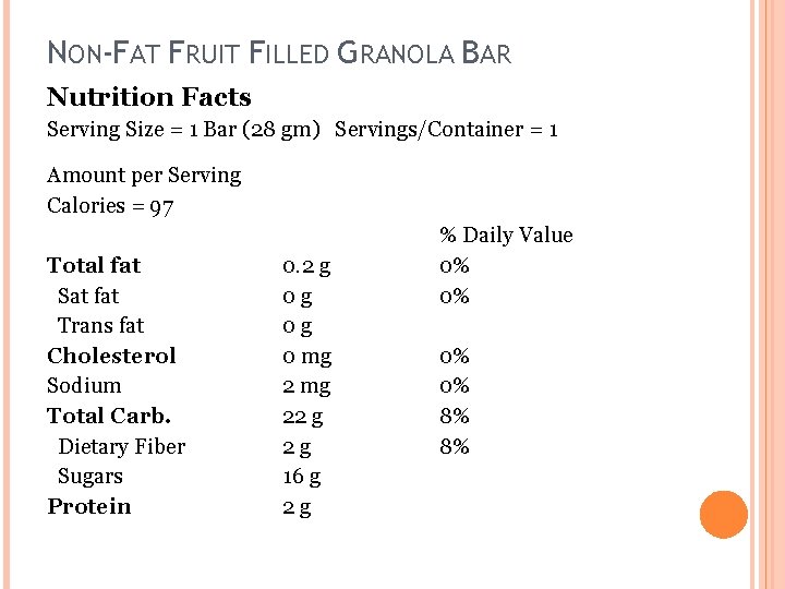 NON-FAT FRUIT FILLED GRANOLA BAR Nutrition Facts Serving Size = 1 Bar (28 gm)