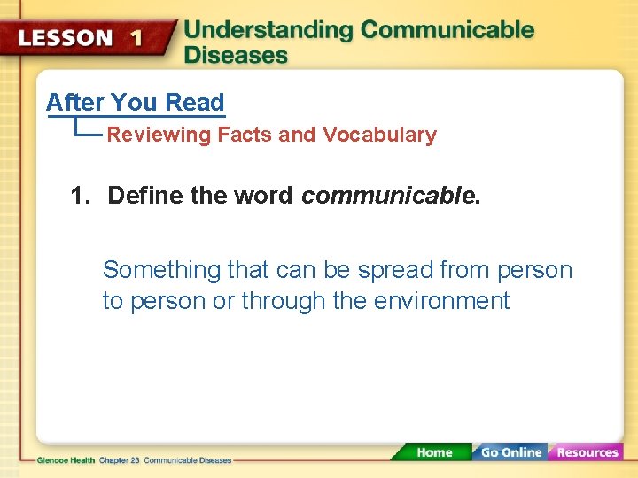 After You Read Reviewing Facts and Vocabulary 1. Define the word communicable. Something that