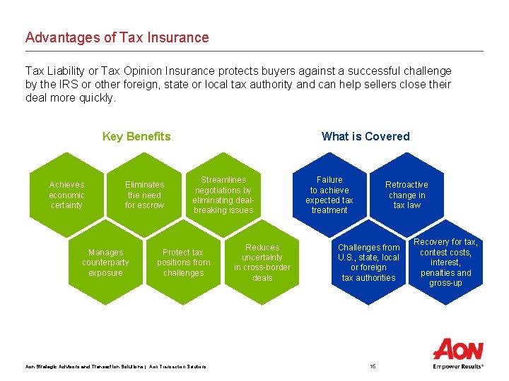 Advantages of Tax Insurance Tax Liability or Tax Opinion Insurance protects buyers against a