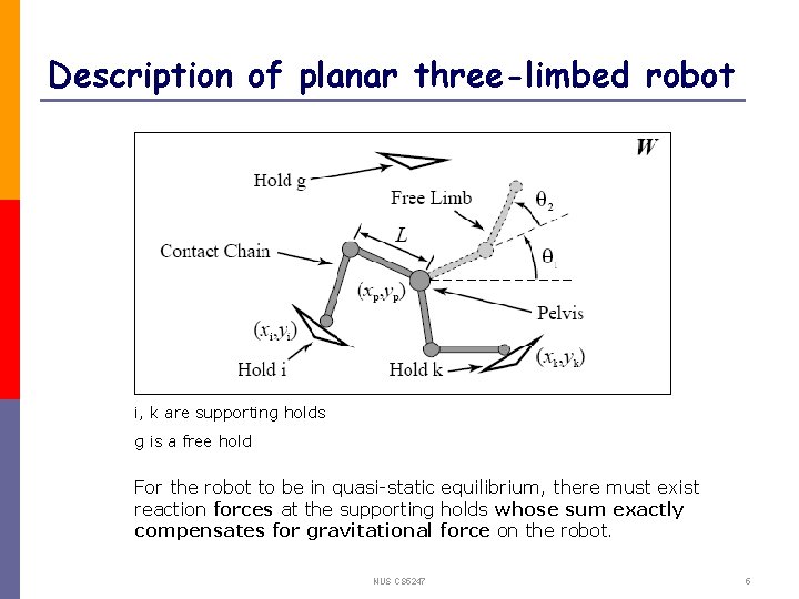 Description of planar three-limbed robot i, k are supporting holds g is a free