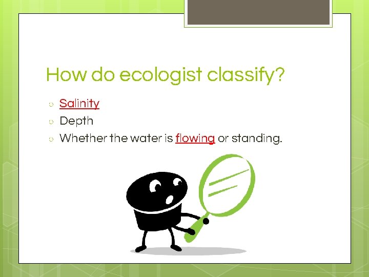 How do ecologist classify? ○ ○ ○ Salinity Depth Whether the water is flowing