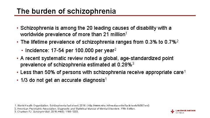 The burden of schizophrenia • Schizophrenia is among the 20 leading causes of disability
