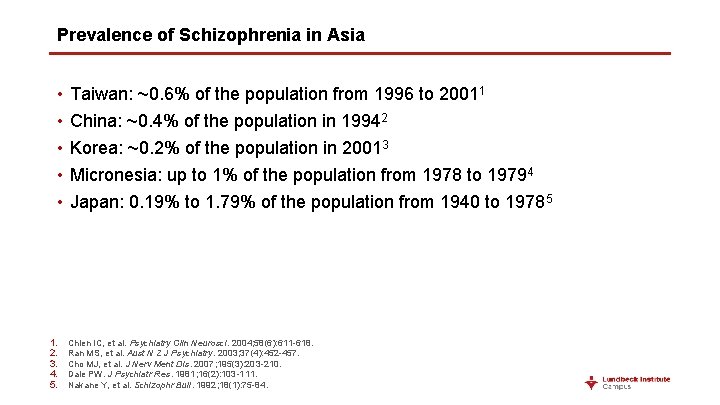 Prevalence of Schizophrenia in Asia • • • 1. 2. 3. 4. 5. Taiwan: