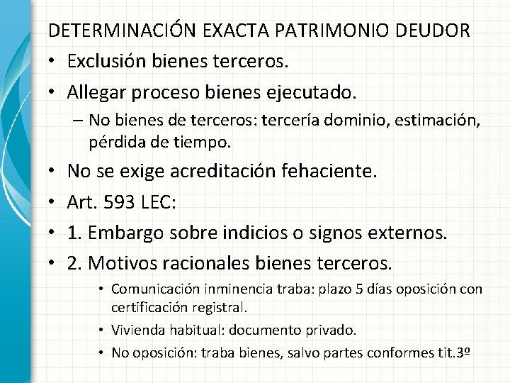 DETERMINACIÓN EXACTA PATRIMONIO DEUDOR • Exclusión bienes terceros. • Allegar proceso bienes ejecutado. –