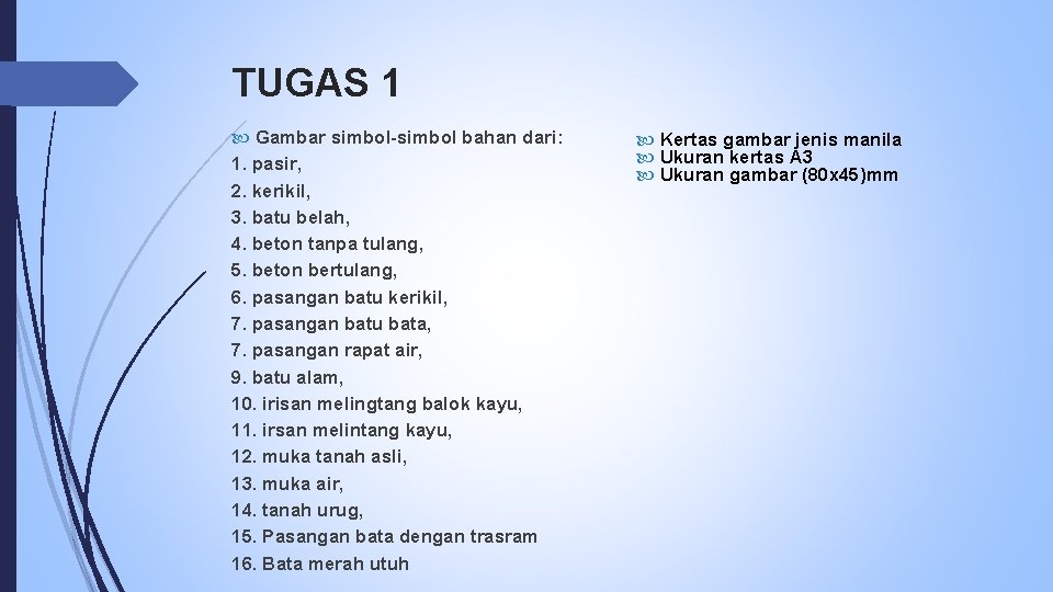 TUGAS 1 Gambar simbol-simbol bahan dari: 1. pasir, 2. kerikil, 3. batu belah, 4.