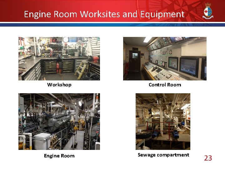 Engine Room Worksites and Equipment Workshop Control Room Engine Room Sewage compartment 23 