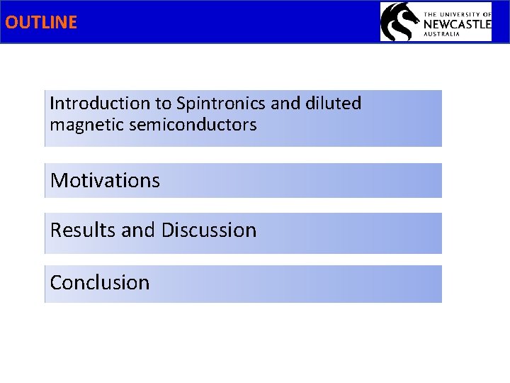 OUTLINE Introduction to Spintronics and diluted magnetic semiconductors Motivations Results and Discussion Conclusion 