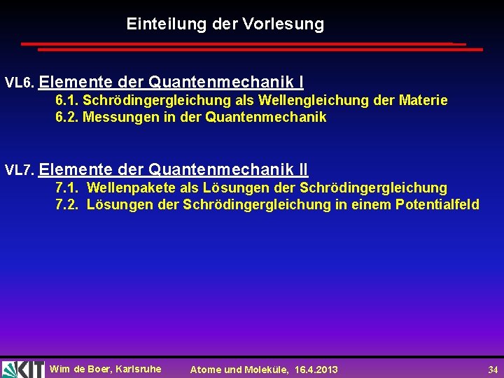 Einteilung der Vorlesung VL 6. Elemente der Quantenmechanik I 6. 1. Schrödingergleichung als Wellengleichung