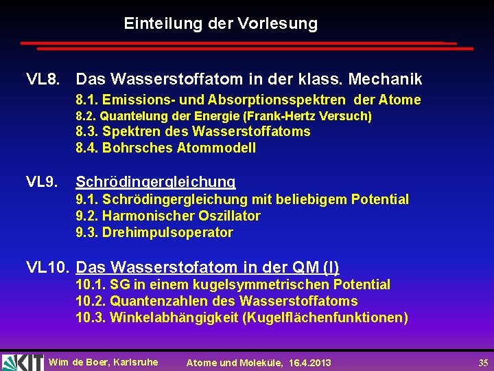 Einteilung der Vorlesung VL 8. Das Wasserstoffatom in der klass. Mechanik 8. 1. Emissions-