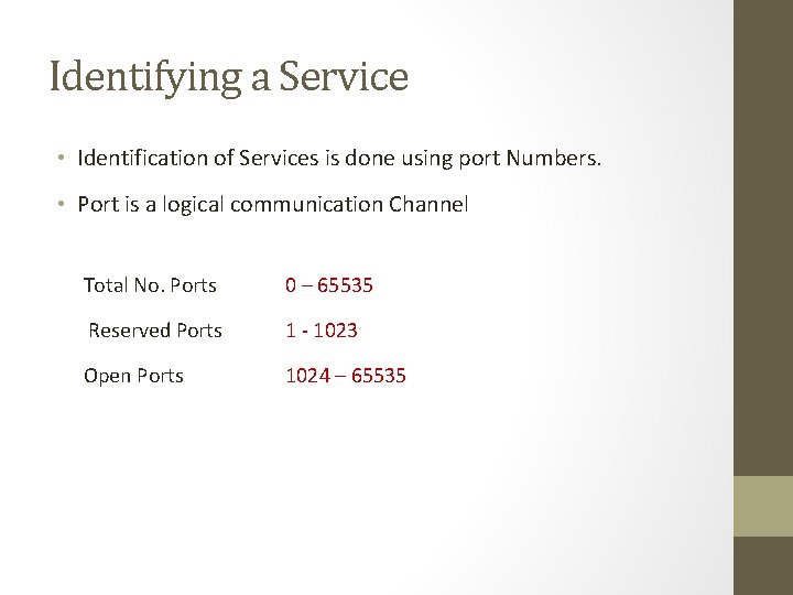 Identifying a Service • Identification of Services is done using port Numbers. • Port