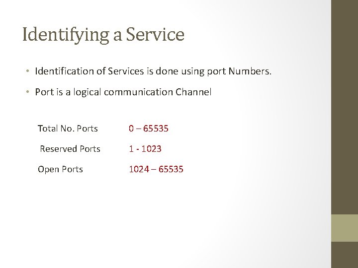 Identifying a Service • Identification of Services is done using port Numbers. • Port Identifying a Service • Identification of Services is done using port Numbers. • Port