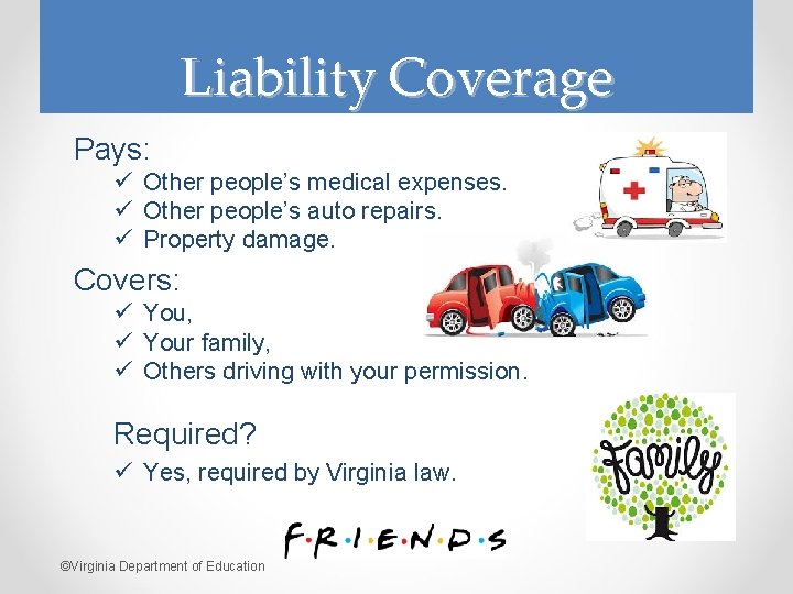 Liability Coverage Pays: ü Other people’s medical expenses. ü Other people’s auto repairs. ü