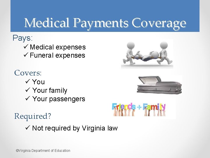 Medical Payments Coverage Pays: ü Medical expenses ü Funeral expenses Covers: ü Your family